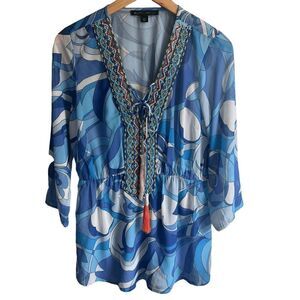 Boston Proper Beaded Swim Coverup size Small Blue Tunic Sheer Resort Vacation